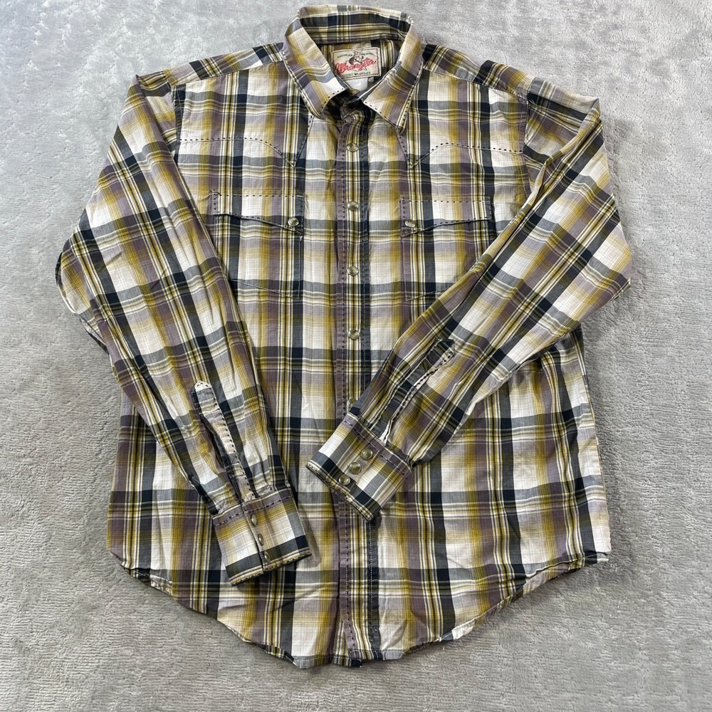 Vintage Wrangler Western Shirt Mens Large Brown Plaid Snap Cowboy Festival 80s